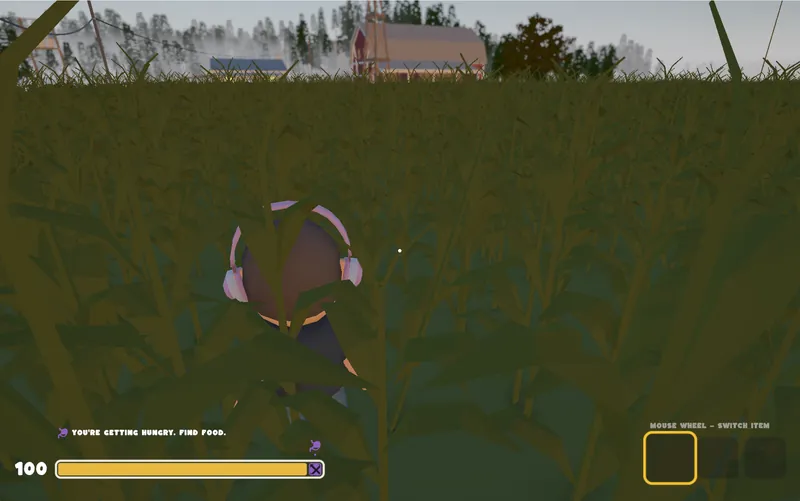 A player pushing through tall corn with a red barn behind