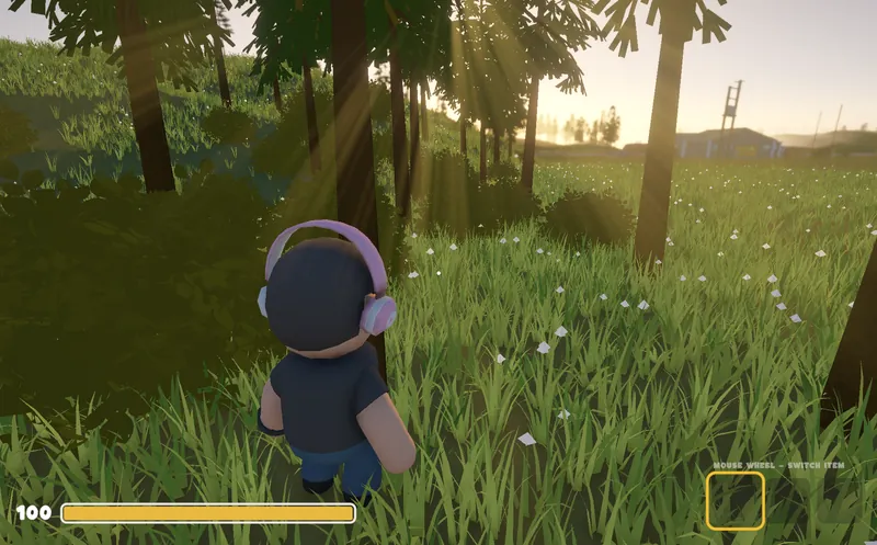 A player with headphones walking through tall grass under pine trees, sun rays breaking through