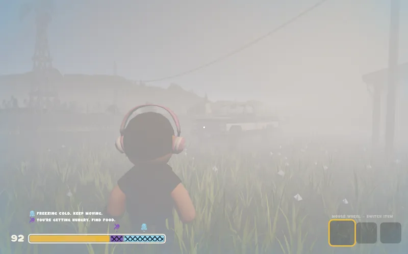 A player in thick white fog near an old pickup, with freezing and hunger warnings on screen