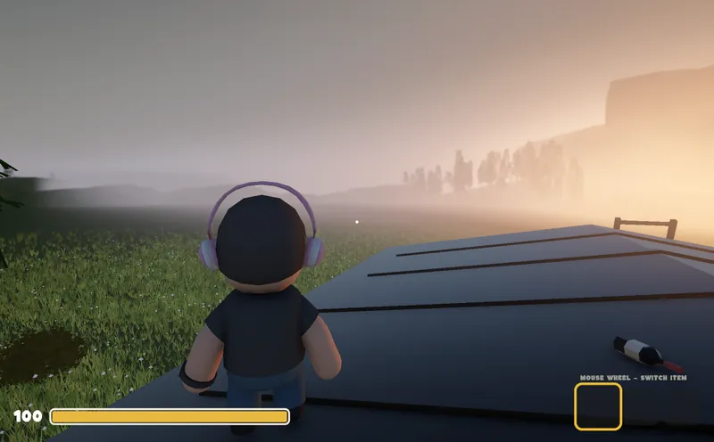 A player on a car roof looking over misty fields at dusk