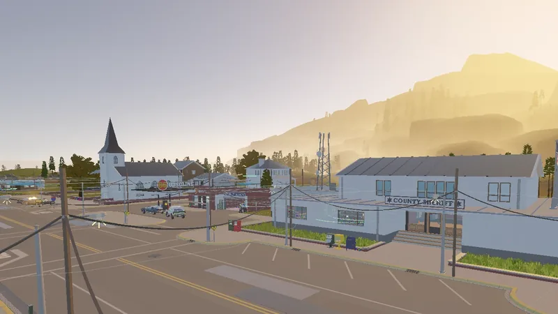 Aerial view of the sheriff’s office, church and gas station